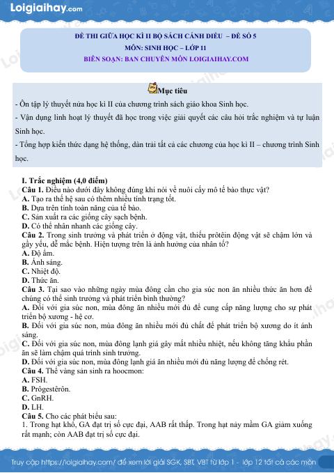 Đề thi giữa học kì 2 Sinh 11 Cánh diều - Đề số 5